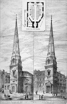 Two views of the tower of St Antholin, City of London, 1875. Artist: Anon