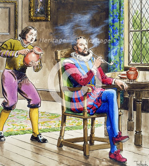 Sir Walter Raleigh smoking a pipe, (c1900). Artist: Trelleek