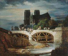 Construction of the Pont de l'Archeveche, around 1828, current 4th arrondissement, c1823-1833. Creator: Unknown.