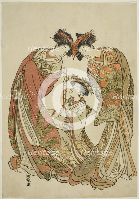 Two Courtesans Watching an Attendant Play with a Rat, c. 1777. Creator: Isoda Koryusai.