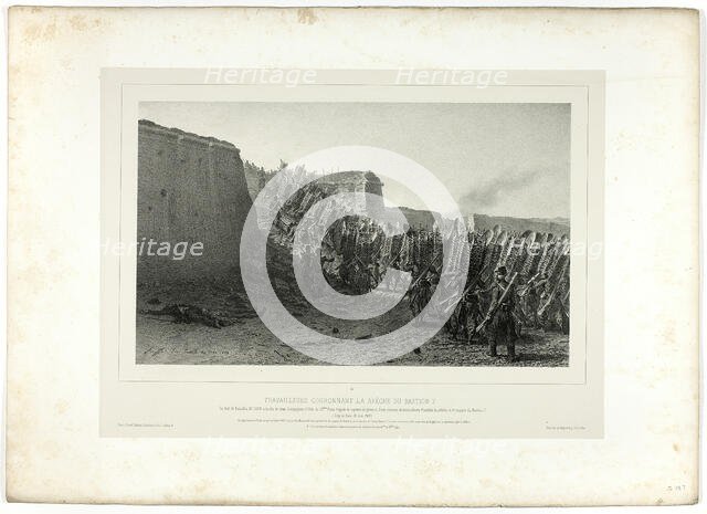 Workers Crowning the Breach of Bastion 7, from Souvenirs d’Italie: Expédition de Rome, 1859. Creator: Auguste Raffet.