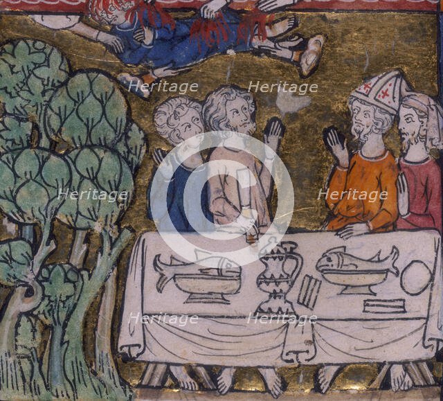 Seven hands appear from Heaven casting fire upon Moys, c1300-c1350. Creator: Unknown.