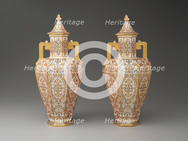 Pair of Covered Vases, England, c. 1885. Creator: Crown Derby.