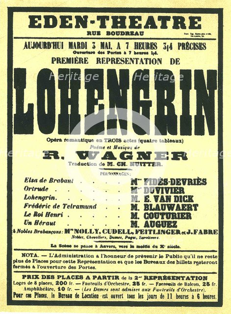 Premiere Poster for the opera Lohengrin by Richard Wagner in the Éden Théâtre, Paris, 1887.
