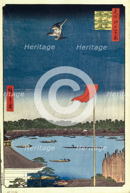 Komakata Hall and Azuma Bridge (One Hundred Famous Views of Edo), 1856-1858. Artist: Hiroshige, Utagawa (1797-1858)