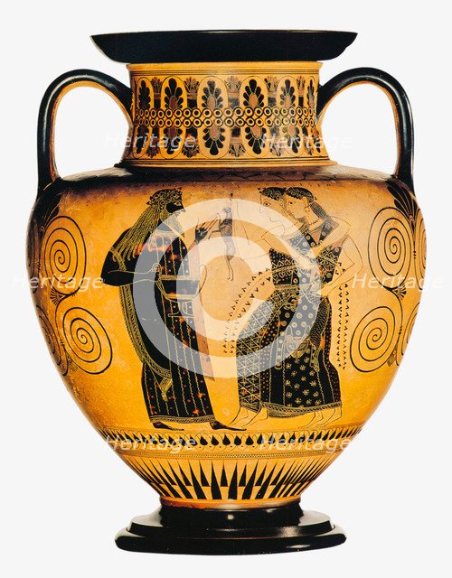 Dionysus and two Maenads. Attic black-figured amphora, ca 550-530 BC.