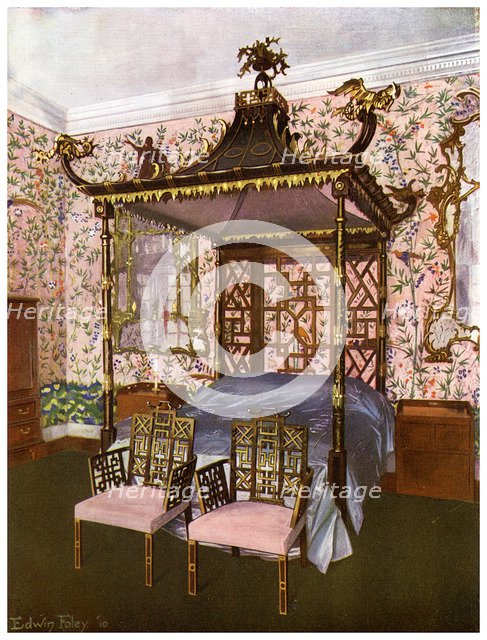 The Chippendale Chinese Bedroom, Badminton House, Gloucestershire, 1911-1912.Artist: Edwin Foley