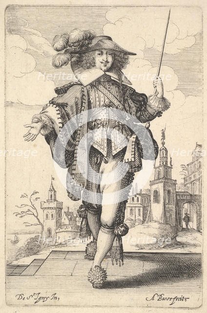 A gentleman walking forward, with his right arm outstretched and a whip in his left hand..., 1629. Creator: Abraham Bosse.