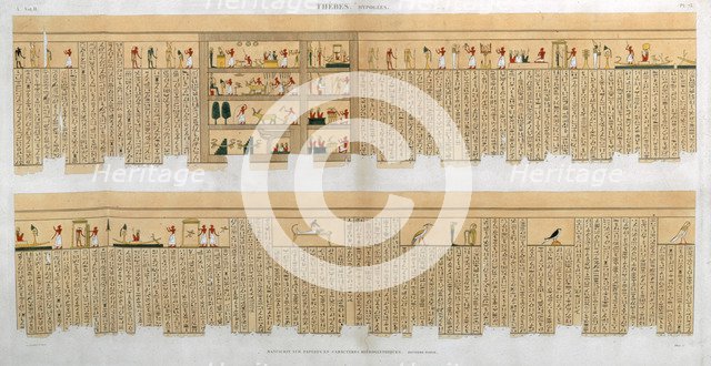 Ilustrations of a manuscript with hieroglyphics, from a tomb at Thebes, Egypt, 1822. Artist: Willemin