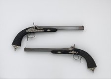 Cased Pair of Percussion Pistols with Accessories, French, Paris, dated 1856. Creator: Louis-Julien Gastinne-Renette.