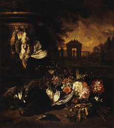 Flowers and dead game in front of a landscape, between 1662 and 1719. Creator: Jan Weenix.