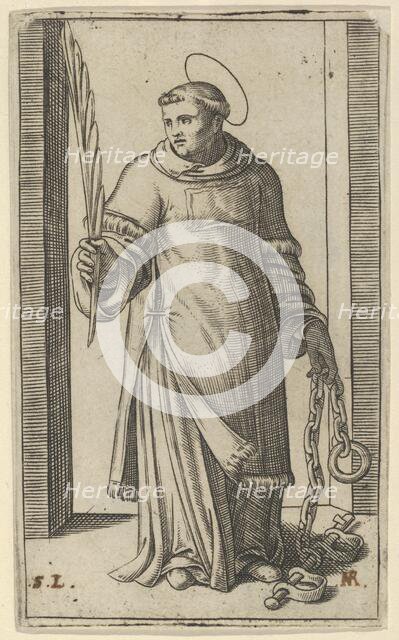 St Leonard standing holding a palm in his right hand and chains in his left, from..., ca. 1500-1527. Creator: Marcantonio Raimondi.
