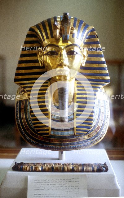 Gold and lapis lazuli funerary mask of Tutankamun, King of Egypt, mid 14th century BC. Artist: Unknown