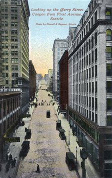 Looking up the Cherry Street canyon from First Avenue, Seattle, Washington, USA, 1911. Artist: Unknown