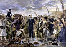 Reign of Alphonse XII, King's visit to flood victims in Alcantarilla (Murcia), 1879, colored engr…