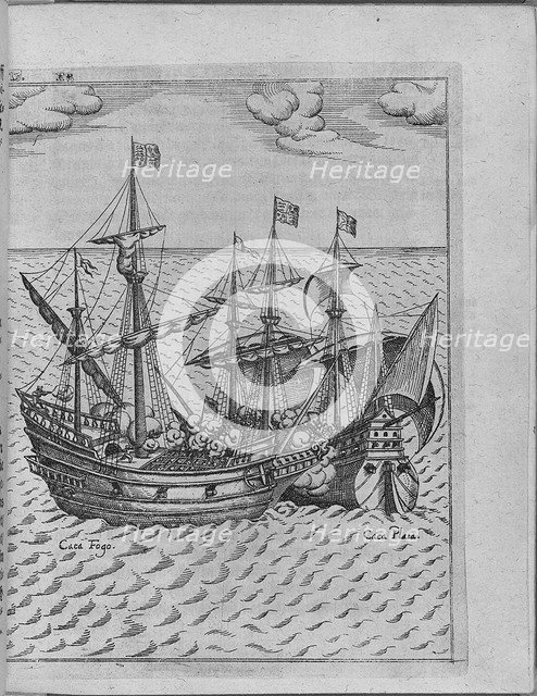 Battle between Francis Drake's ship Golden Hind and the Spanish ship Cacafuego. (From Levinus Hulsiu Artist: Anonymous  