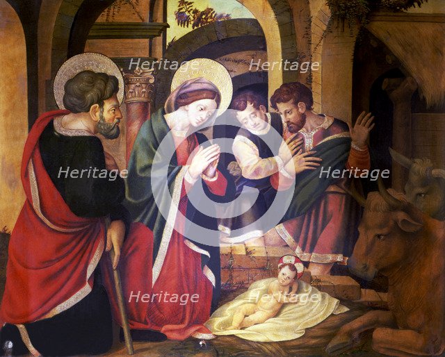 Birth and Adoration of the Shepherds. Detail of the altarpiece with scenes of the life of Christ …