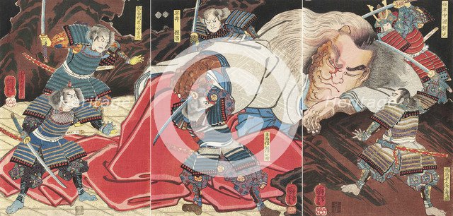 Minamoto no Yorimitsu and his retainers attacking the drunken monster Shuten-doji on mount Oe, 1851.