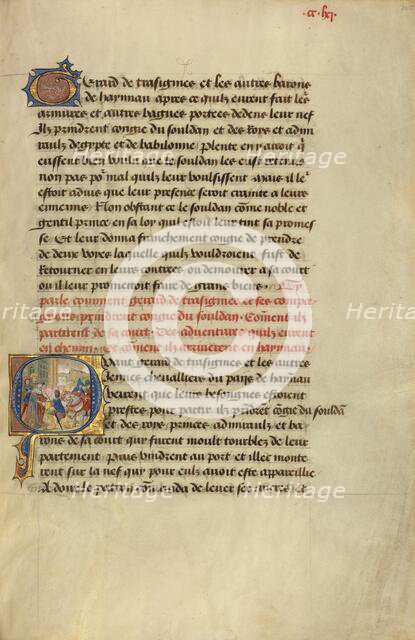 Initial Q: Gillion's Son Gerard Taking Leave of the Sultan; Roman de Gillion de Trazegnies, 1464. Creators: Lieven van Lathem, David Aubert.