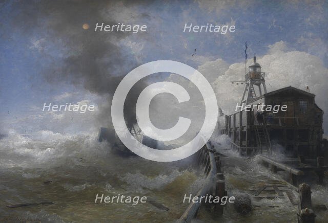 A Tug Leaving the Port of Ostend at High Tide, 1878. Creator: Andreas Achenbach.