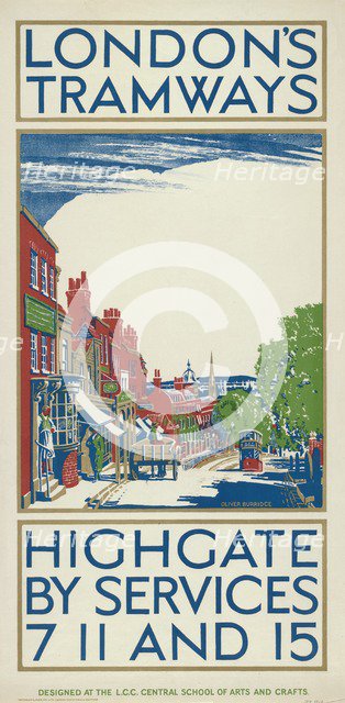 'Highgate by Services 7, 11 and 15', London County Council (LCC) Tramways poster, 1924. Artist: Oliver Burridge