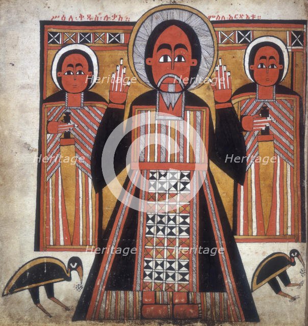 Three figures, two with swords. Creator: Unknown.