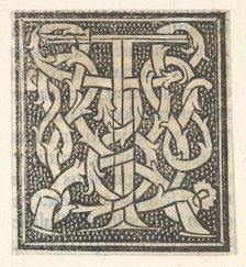 Initial letter T on patterned background, 1520., 1520. Creator: Anon.