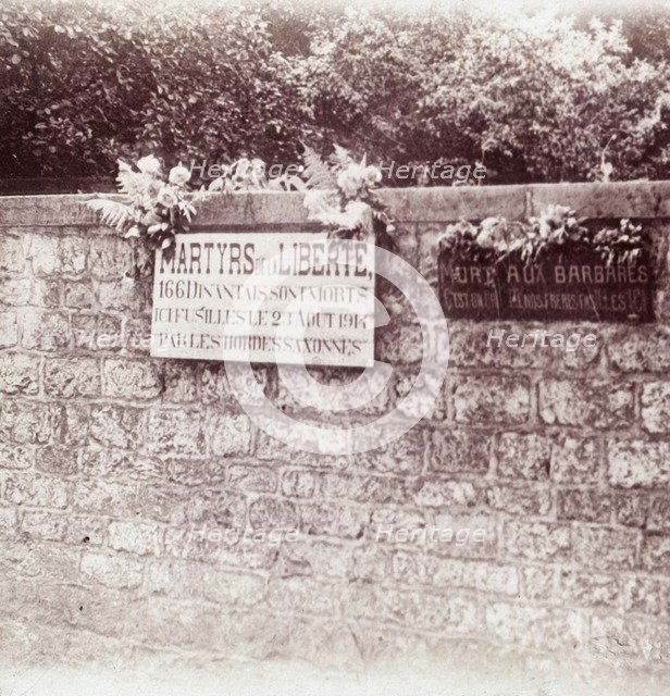 Sign in memory of civilians who were shot by the Germans, Dinant, Belgium, c1914-c1918. Artist: Unknown.