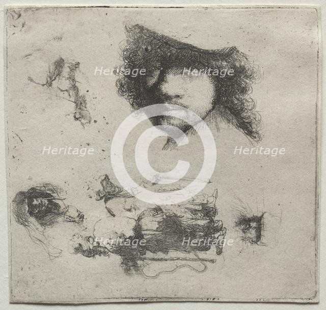 Sheet of Studies: Self-Portrait, a Beggar Couple, etc., c. 1632. Creator: Rembrandt van Rijn (Dutch, 1606-1669).