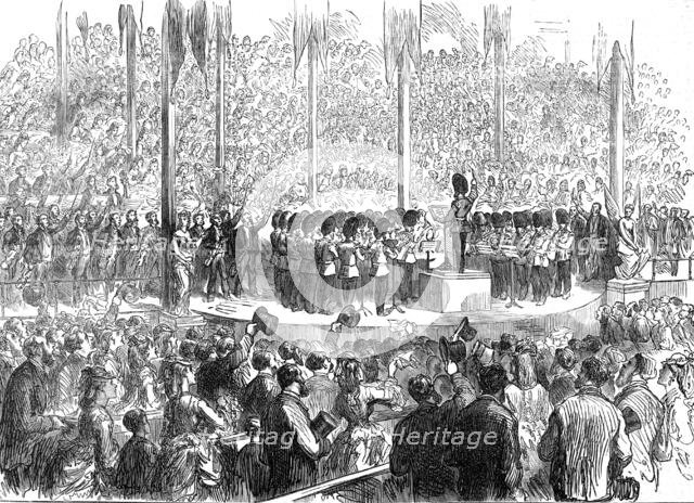 Musical Festival at Boston: band of the Grenadier Guards playing "The Star-Spangled Banner", 1872. Creator: Unknown.