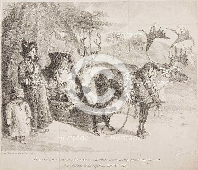 'Jannes Holm a Native of Norwegian Lapland, with his Wife & Child, Rein Deer &c', 1822.  Creator: Denis Dighton.