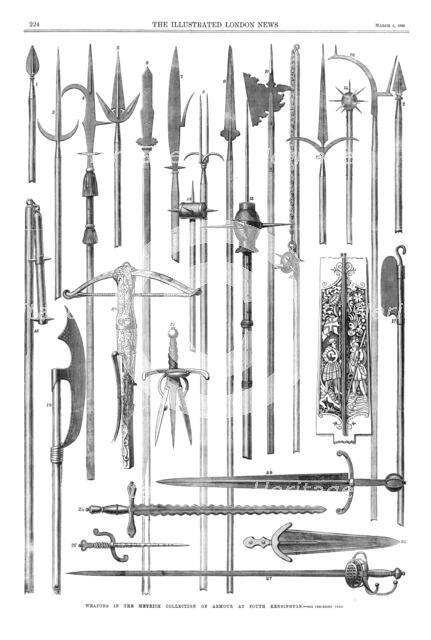 Weapons in the Meyrick Collection of armour at South Kensington, 1869. Creator: Unknown.