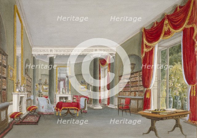 Interior view of the library drawing room in Bromley Hill, Bromley, Kent, 1816. Artist: John Buckler