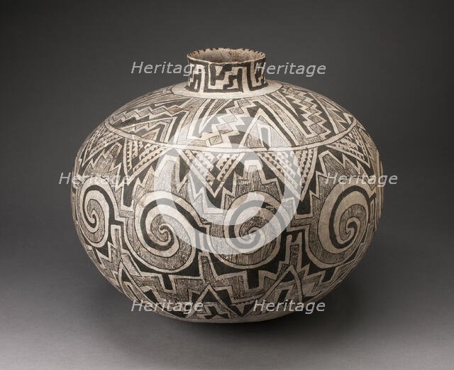 Storage Jar (Olla) with Black, White, and Hathed Linked Scrolls, Triangles, and Stepped..., A.D. 950 Creator: Unknown.