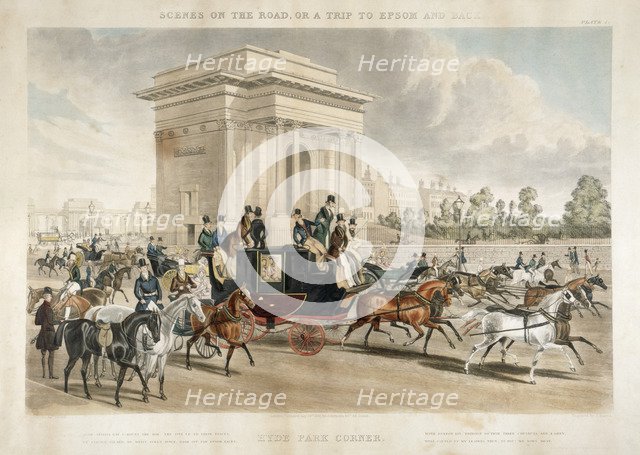 Horse drawn carriages along Hyde Park Corner, London, 1838. Artist: J Harris