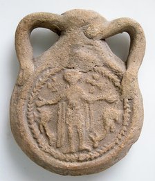 Earthenware Pilgrim Flask with Saint Menas, Byzantine, ca. 610-50. Creator: Unknown.