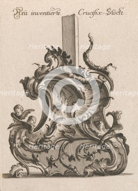 Design for the Base of a Crucifix, Plate 1 from: 'Neü inventierte Crucifix=..., Printed ca. 1750-56. Creator: Jacob Gottlieb Thelot.