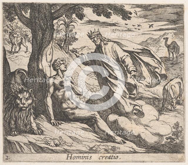 Plate 2: The Creation of Man (Hominis creatio), from Ovid's 'Metamorphoses', 1606. Creator: Antonio Tempesta.