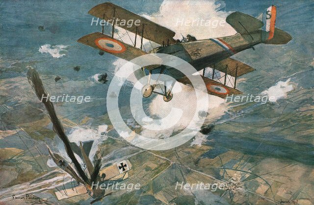 ''Combat Aerien; L'avion ennemi s'abat en flammes. -- Le Spad vainqueur est encadre..., 1918. Creator: Francois Flameng.