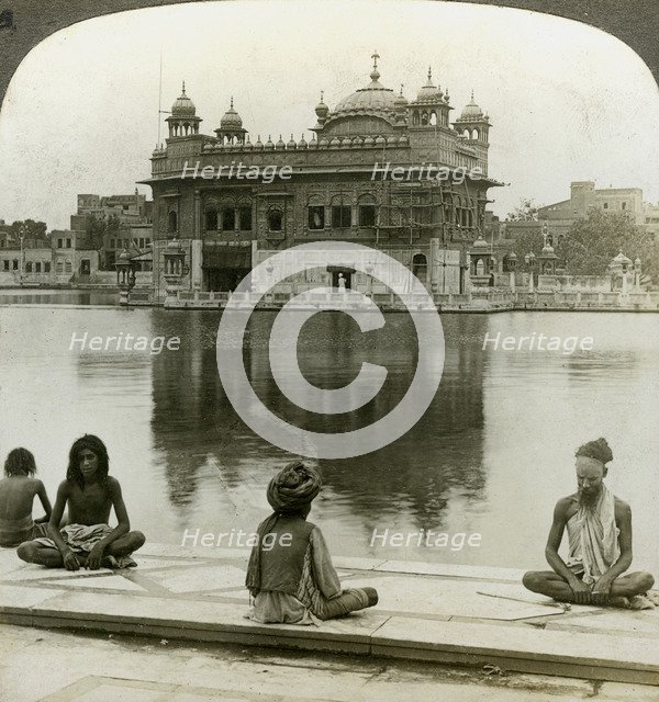 Fakirs at Amritsar, looking south across the Sacred Tank to the Golden Temple, India, c1900s(?)Artist: Underwood & Underwood