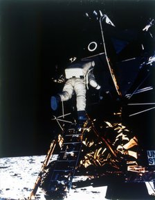 Buzz Aldrin descends from the Lunar Module, Apollo II mission, July 1969. Creator: Neil Armstrong.