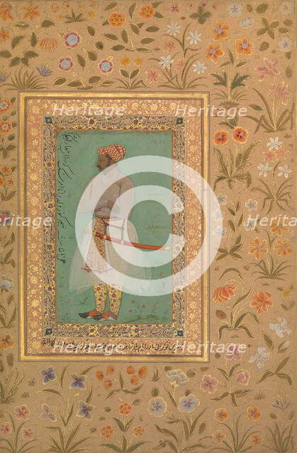 Portrait of Maharaja Bhim Kanwar, Folio from the Shah Jahan Album, verso: ca. 1615-29. Creators: Mir 'Ali Haravi, Nanha.