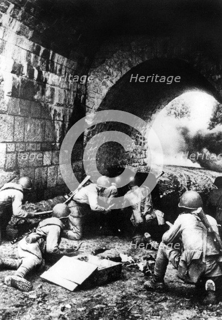 Russian soldiers in action near Riga, Latvia, 1944. Artist: Unknown