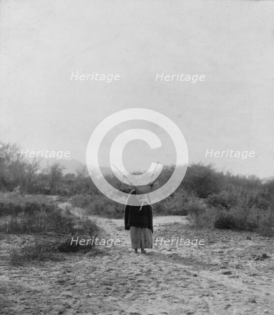 Pima woman, with burden basket on back, walking away from camera, Pima, Arizona, c1907. Creator: Edward Sheriff Curtis.