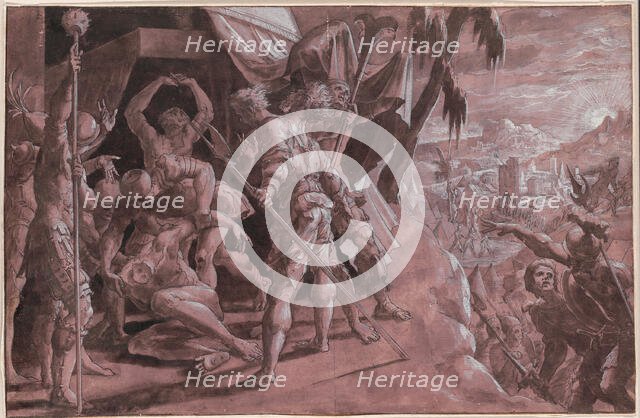 Soldiers Discovering the Body of Holofernes, c. 1550. Creator: Master Of The Liechtenstein Adoration.