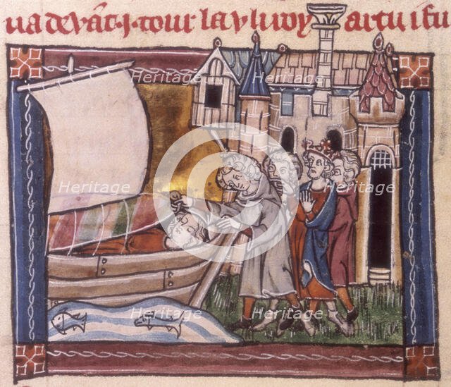 Arthur and his knights finding the dead body of Elaine, c1316.  Creator: Unknown.