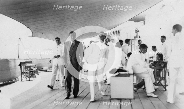 American actor and film director Douglas Fairbanks, Sr on board HMS 'Malaya', Venice, Italy 1938. Artist: Unknown