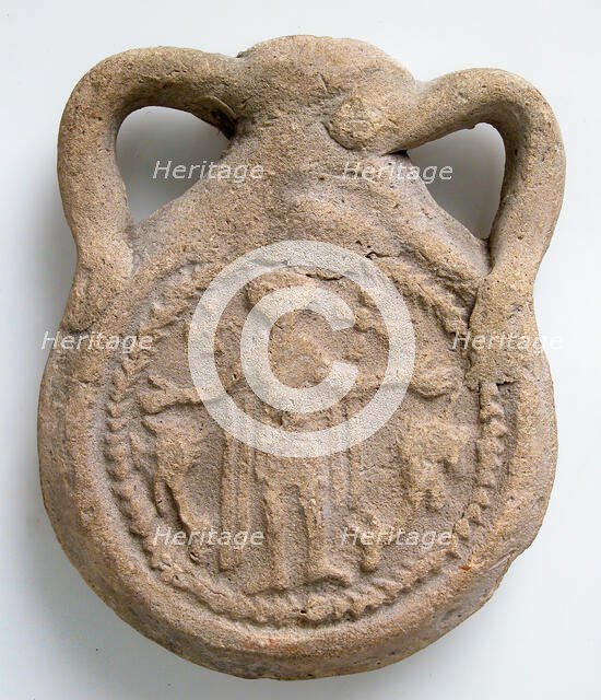 Earthenware Pilgrim Flask with Saint Menas, Byzantine, ca. 610-50. Creator: Unknown.