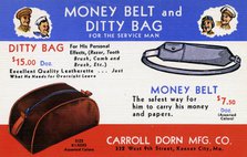 Advertisement for money belts and ditty bags for servicemen, 1943. Artist: Unknown