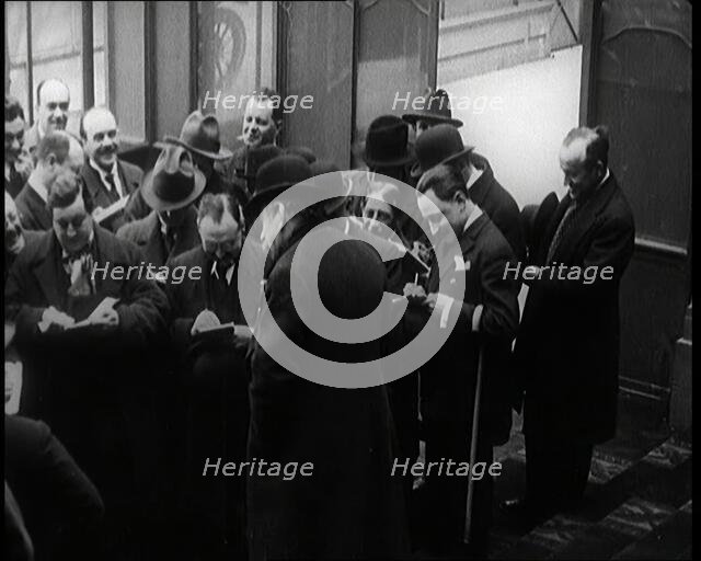 New French Government Standing Being Photographed, Filmed and Interviewed by Journalists, 1920s. Creator: British Pathe Ltd.